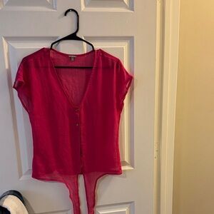 Charlotte Russe Sheer Tie-Front Button Blouse - Hot Pink